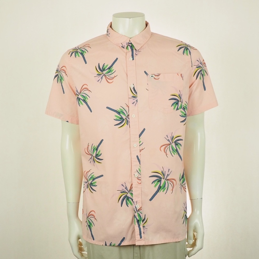 Quiksilver Royal Palms Button Down Shirt Mens Medium Pink Floral Hawaiian Camp